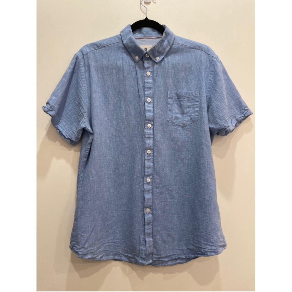 Steel & Jelly Men Button Up Short Sleeve Shirt L Linen Cotton Lightweight Preppy